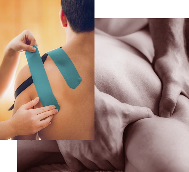 kinesiotaping para hombro y manos masajeando hombro