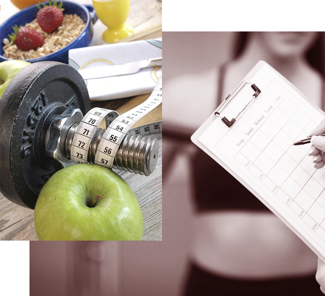 alimentos sanos y pesa y mujer con programa de alimentacion